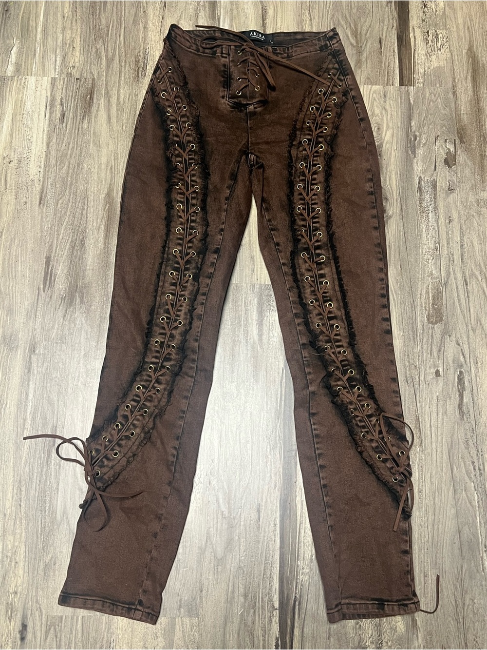 AKIRA Label Kat Brown Lace Up Distressed Slim Flare Jeans Size Small